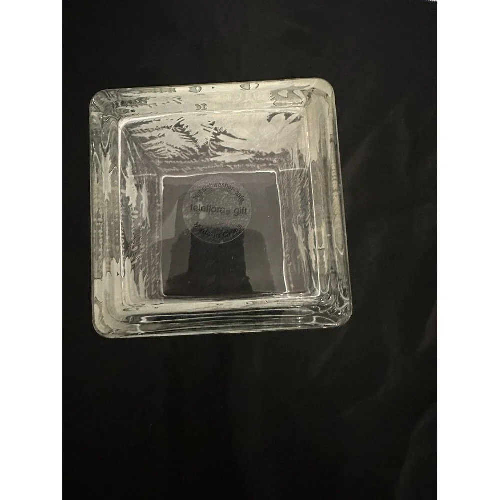 Teleflora Floral Square Glass Vase Cube Bee & French Script Design 4” Decorativ
